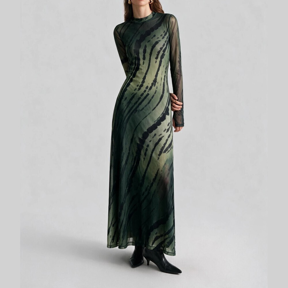 Green Abstract Print Sheer Mesh Stand Collar Long Sleeve Slim Fit Maxi Dress